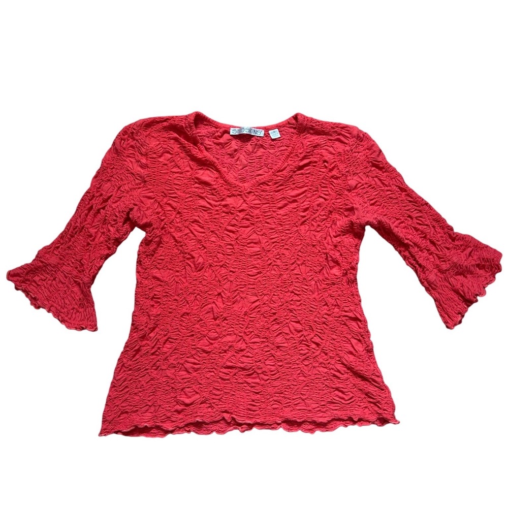 Vtg Red Popcorn Top 90s Y2K Fairy Crinkle Bell Sleeve V-Neck‎ Snoskins Small